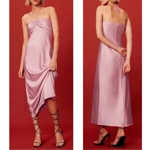 REFORMATION Valora Halterneck Ruched Satin Baby Girl Pink Midi Dress Size 12